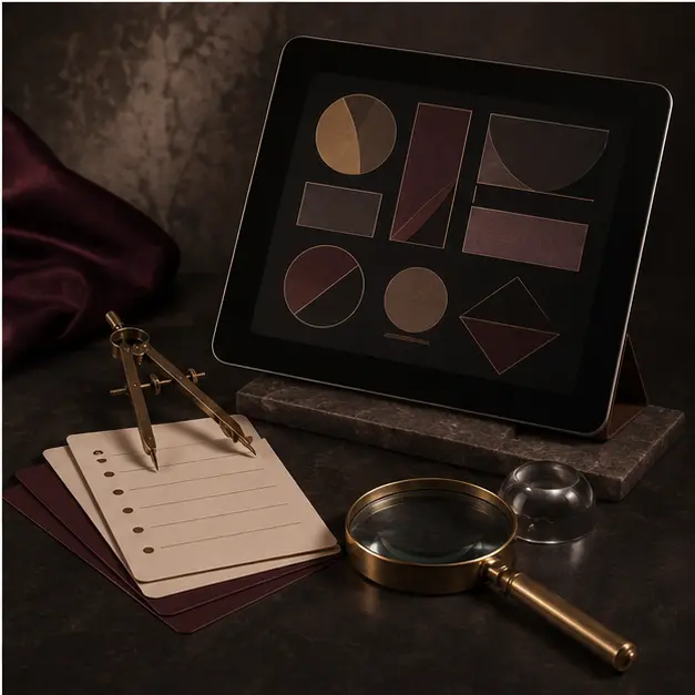 Tablette sombre, cartes de vérification, compas et loupe
